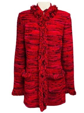 ST. JOHN RED / FUCHSIA PINK / BLACK FRINGED TWEED KNIT JACKET